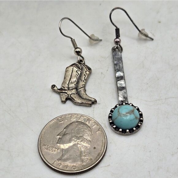 "5/$25" Mismatched Western Cowboy Boot Pewter Finish Turquoise Dangle Earrings - Picture 4 of 6
